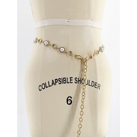 ANNE KLEIN GOLD TONE FAUX PEARL & RHINESTONE CHAIN BELT - Picture 1 of 6